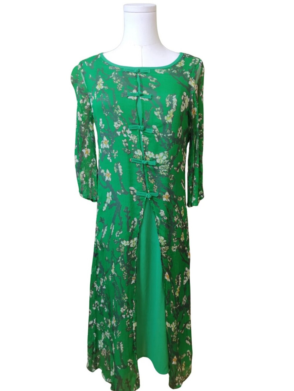 Silk Green Floral Button-Front Midi Dress
